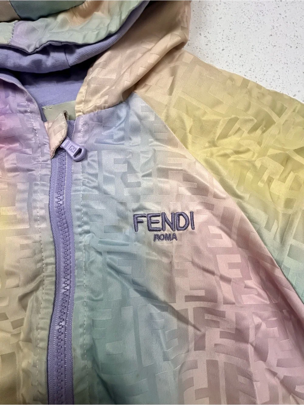 Fendi Pastel Rainbow Bear Hooded Puffer Jacket